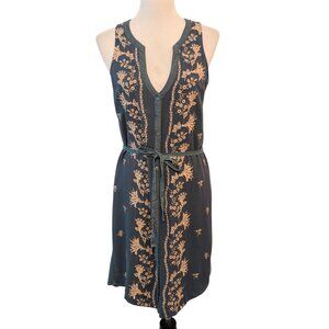 Tiny Anthropologie Sz M Syden Teal Blue Floral Embroidered Tie Tank Shirt Dress